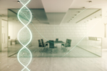 DNA hologram on a modern furnished classroom background, science and biology concept. Multiexposure