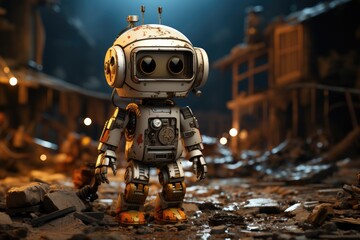 A playful toy robot stands tall on the rough ground, its pieces forming a sturdy foundation for its adventures in the dirt