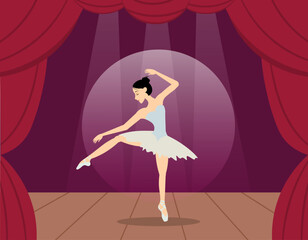 Beauty of classic ballet. The ballerina dances beautifully on the illuminated stage. A classical dancer performs on stage. Ballerina dancing in pointe shoes.
