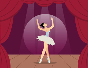 Beauty of classic ballet.  A cute ballerina performs on the theater stage.A classical dancer performs on stage. Ballerina dancing in pointe shoes.