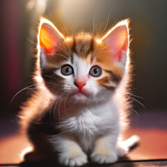 A  lovely kitten with large, pleading eyes yearning for affection. The scene is photo-realist