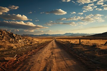 A solitary dirt road winds through a vast desert landscape, with clouds and a fiery sunset casting a golden glow over the ecoregion as it disappears behind the distant mountains on the horizon