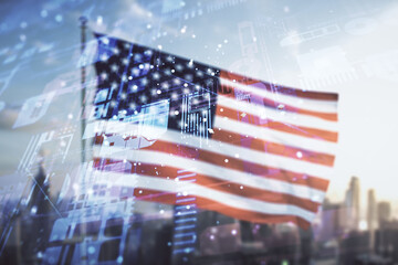 Multi exposure of abstract creative coding sketch on USA flag and blurry cityscape background,...