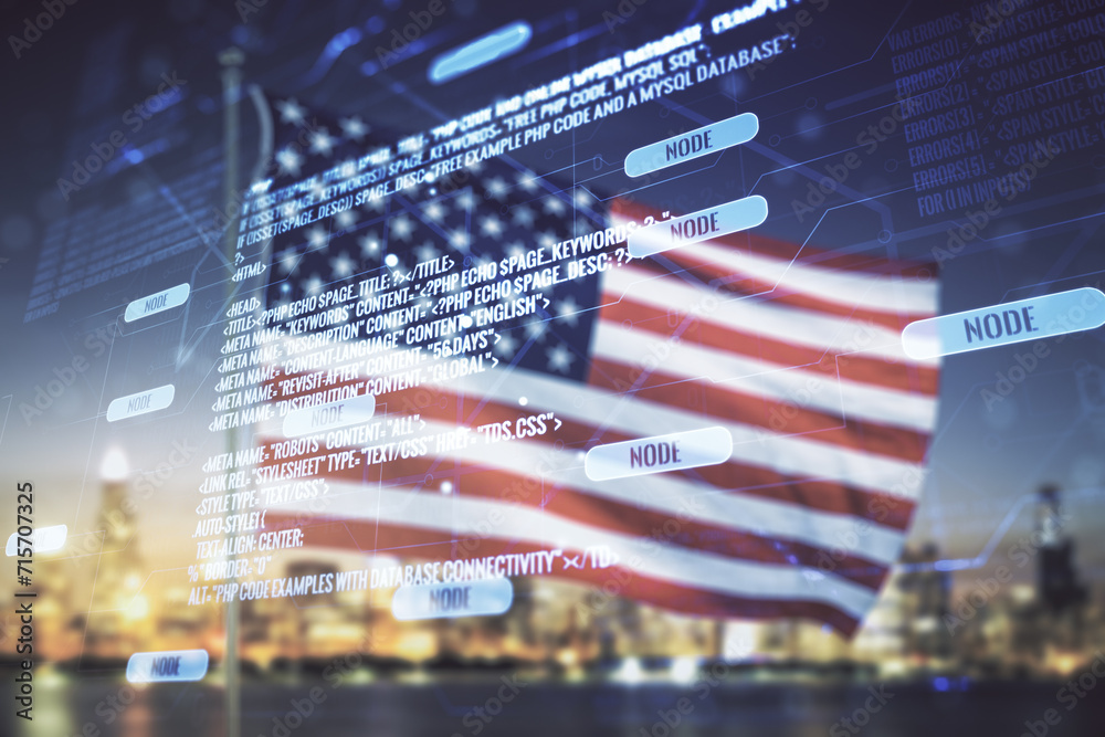 Poster multi exposure of abstract programming language hologram on us flag and city background, artificial 