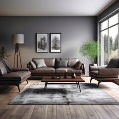 Chic & Elegant Grey Living Room Interior with Leather Sofa, Armchair, Brown Rug & Classic Touch