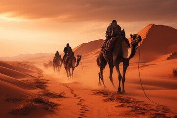 As the sun sets over the rugged mountains, a group of adventurous travelers embark on a camel ride through the vast and enchanting sahara desert, surrounded by the majestic arabian camels and the swe