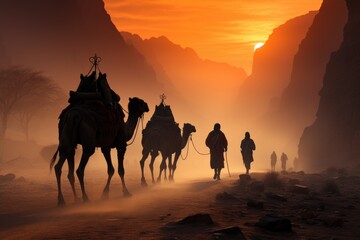 Amidst the ethereal fog, silhouettes of cowboys guide their majestic camels through the rugged landscape, as the sun sets behind the majestic mountains