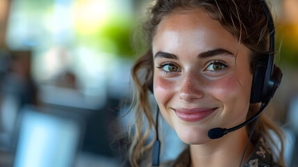 a woman wearing a headset smiles at the camera while smiling at the camera with a smile on her face