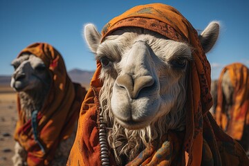 A majestic arabian camel stands tall against the vast desert landscape, its graceful form silhouetted against the clear blue sky as it gazes into the distance with stoic determination