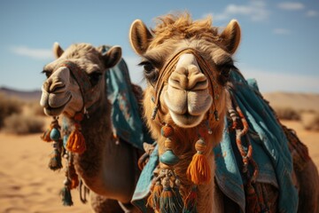 Two camels huddle together under the desert sky, their heads adorned with blankets, seeking refuge from the harsh outdoor elements