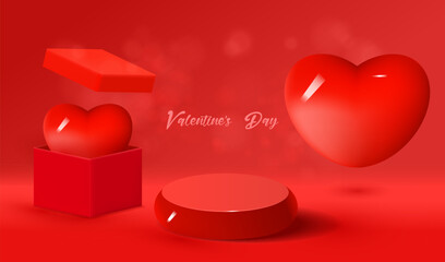 Happy Valentine's Day holiday sale banner vector with podium. Greeting love card on red background with 3d balloon hearts and gift box. 14 February discount illustration.
