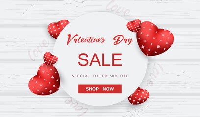 Web Banner for Valentine's Day Sale. Background with Red 3d Hearts on Wooden White Texture. Illustration Seasonal Offer Vector.
