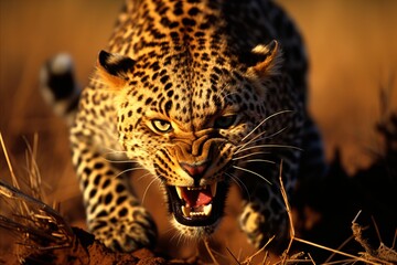 Dramatic image of leopard stalking and pouncing on antelope in vast african savannah - obrazy, fototapety, plakaty