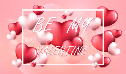 Happy Valentine's Day and weeding design vector elements. Pink Background With Border, Red And White Hearts. Be my Valentine card or banner.
