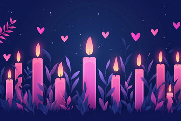 A candle vigil to commemorate those affected by cancer, World Cancer Day, flat illustration - obrazy, fototapety, plakaty