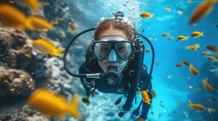 Fotobehang woman in a mask diving underwater, snorkeling, ocean, swimming, coral reef, sea, blue water, beauty, fish, dive, summer, sport, vacation, active © Julia Zarubina