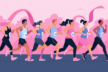 Athletes running a charity race to raise funds for cancer research, World Cancer Day, flat illustration