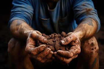 A man's rough hands cradle the earth, symbolizing his connection to nature and the power of the natural world