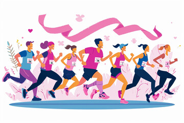 Athletes running a charity race to raise funds for cancer research, World Cancer Day, flat illustration