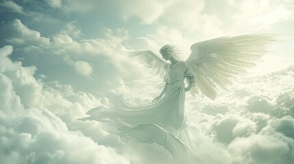 An illustration of an angel soaring in white clouds