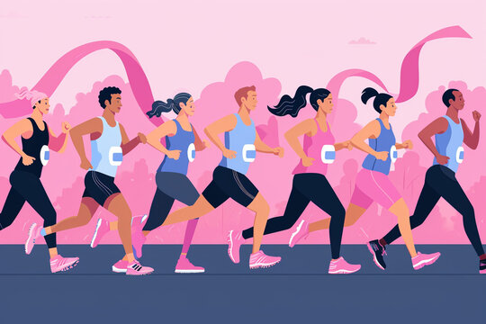 Athletes running a charity race to raise funds for cancer research, World Cancer Day, flat illustration