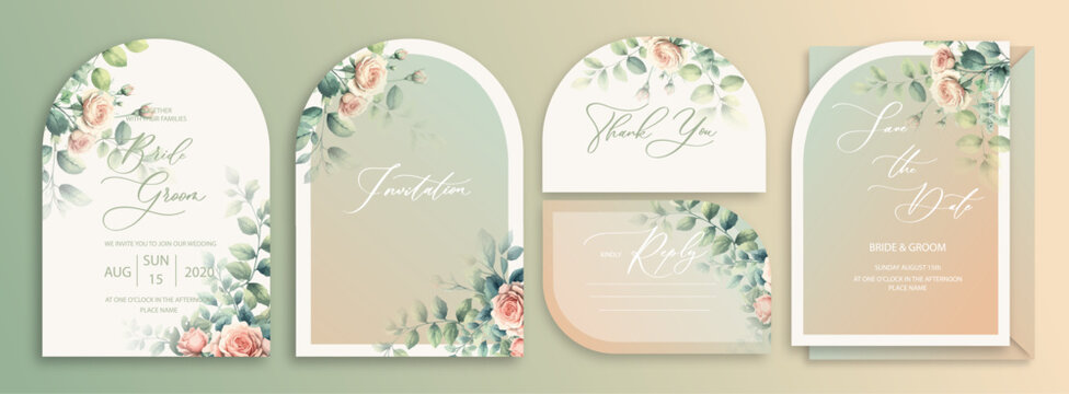 Luxury arch wedding invitation card background with garden watercolor botanical roses and leaves. Abstract floral art background vector design for wedding and vip cover template.
