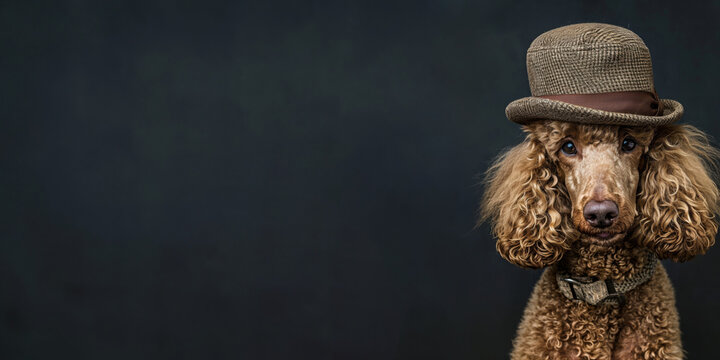 Generative AI image of a brown poodle in a hat copy space banner