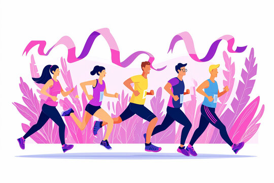 Athletes running a charity race to raise funds for cancer research, World Cancer Day, flat illustration
