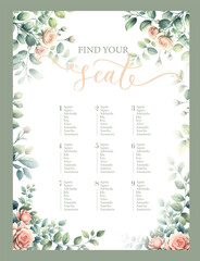Find your seat. Seating plan for guests with table numbers and watercolor garden roses.