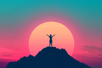 A silhouette of a person standing strong atop a hill, representing the fight against cancer, World Cancer Day, flat illustration
