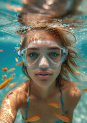 woman in a mask diving underwater, snorkeling, ocean, swimming, coral reef, sea, blue water, beauty, fish, dive, summer, sport, vacation, active