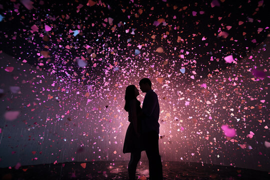 A Couple Standing Together Under A Shower Of AI-generated Love Notes, Falling Like Raindrops. Showcase The Magical And Romantic Atmosphere