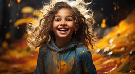 A beaming young girl with flowing locks and a vibrant blue jacket adorned with streaks of yellow paint on her face, captures the essence of joy and carefree innocence amidst the autumn foliage