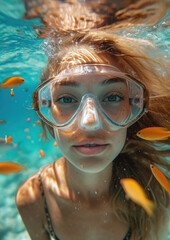 Obraz na płótnie Canvas woman in a mask diving underwater, snorkeling, ocean, swimming, coral reef, sea, blue water, beauty, fish, dive, summer, sport, vacation, active