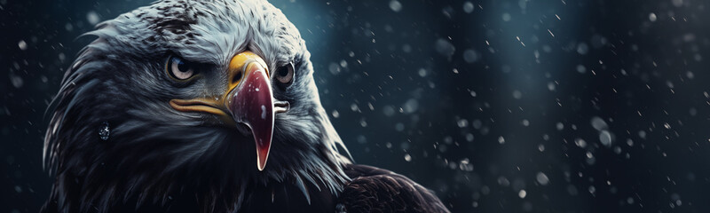 Majestic American Bald Eagle graphic banner with copy space. Close-up intense face portrait the national bird of the United States. - obrazy, fototapety, plakaty