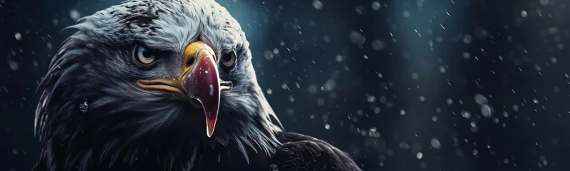 Fotobehang Majestic American Bald Eagle graphic banner with copy space. Close-up intense face portrait the national bird of the United States. © JoelMasson