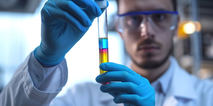 man scientist wearing sterile gloves holding a test tube with a colorful liquid inside, British science week