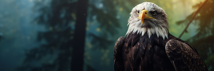 Obraz premium Majestic American Bald Eagle graphic banner with copy space. Close-up intense face portrait the national bird of the United States.