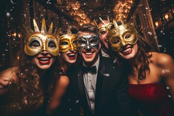 A group of friends wearing party masks, striking funny poses and capturing silly moments on a birthday celebration. - obrazy, fototapety, plakaty