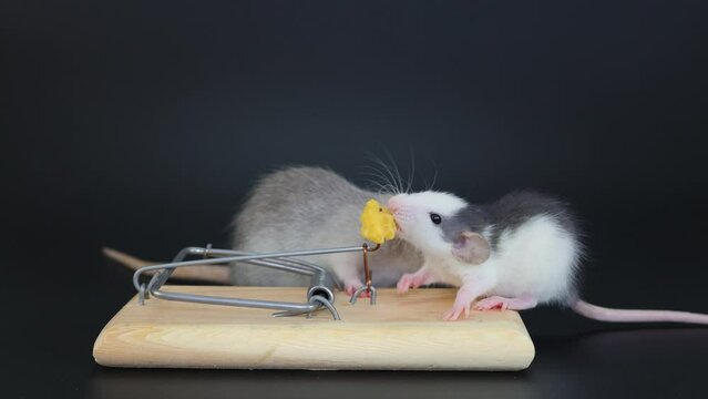 Two agouti and husky colored rats are sitting on a mousetrap. Rodents eat cheese. Isolated on a black background
