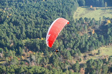 Paraglider in the air: forest down below at Hohe Wand in Lower Austria