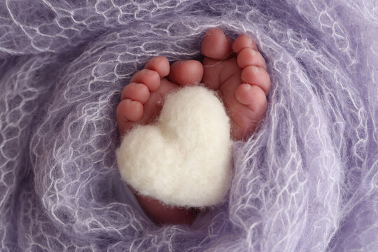 The tiny foot of a newborn baby. Soft feet of a new born in a lilac, purple wool blanket. Close up of toes, heels and feet of a newborn. Knitted white heart in the legs of a baby. Macro photography.