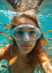 Fototapeta premium woman in a mask diving underwater, snorkeling, ocean, swimming, coral reef, sea, blue water, beauty, fish, dive, summer, sport, vacation, active