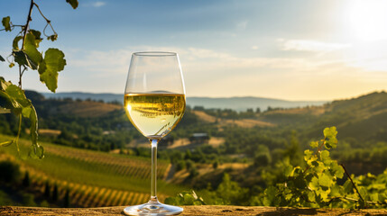 Wine glass with pouring white wine and vineyard landscape on a sunny day