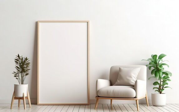 Blank wooden picture frame mockup on off white wall in modern interior. Vertical artwork template mock up for artwork, painting, photo or poster in interior design, chair, green plants. AI Generative.