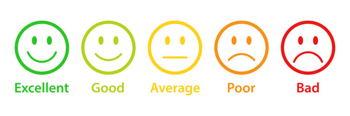 Rating emojis set in different colors outline. Feedback emoticons collection. Excellent, good, average, poor, bad emoji icons. Flat icon set of rating and feedback emojis icons color outline.