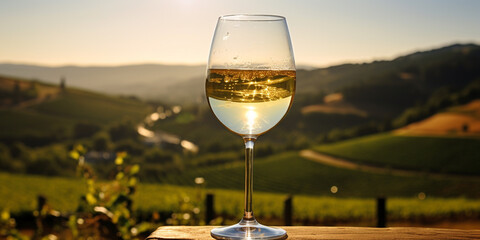 Obraz premium Wine glass with pouring white wine and vineyard landscape on a sunny day