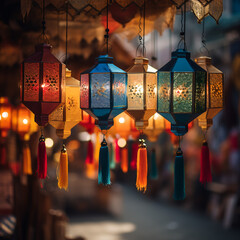 Colorful Silk Lanterns Dangling in Oriental Market 