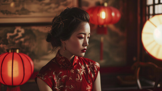 vintage-inspired fashion shoot, showcasing a chinese model adorned in retro attire