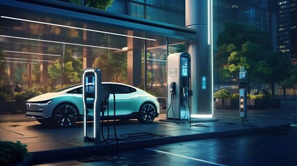 Electric car charging station in the city, environmental without harmful emissions for ecology or green energy concept. Created with Generative AI - obrazy, fototapety, plakaty